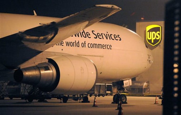 A cargo plane parks at the UPS distribution center at the International Cargo Airport in Cologne, western Germany, on Nov. 1. After intercepting two mail bombs addressed to Chicago-area synagogues, investigators found out that packages that terrorists in Yemen attempted to smuggle onto an aircraft in a brazen al-Qaida terror plot, were moved through Cologne. 